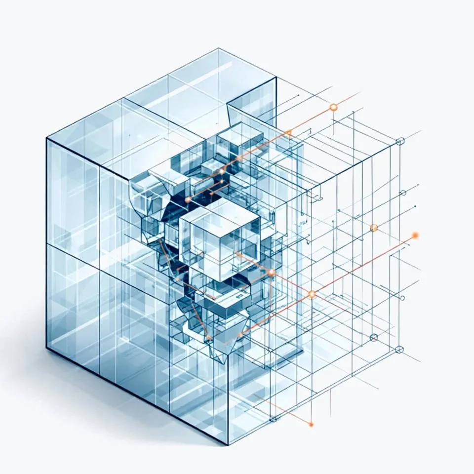 Isometric line drawing of a transparent cube holding a finer, machined core, traced by thin reference lines